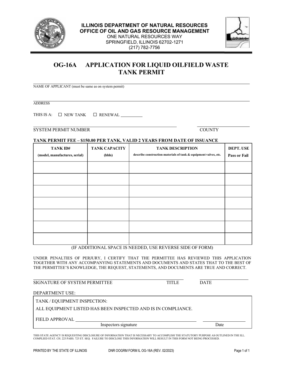 DNR OOGRM Form OG-16A Application for Liquid Oilfield Waste Tank Permit - Illinois, Page 1