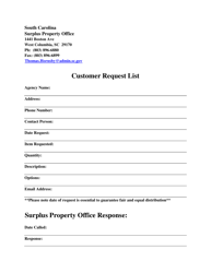 Document preview: Customer Request List - South Carolina