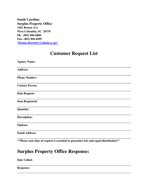 Customer Request List - South Carolina Download Pdf