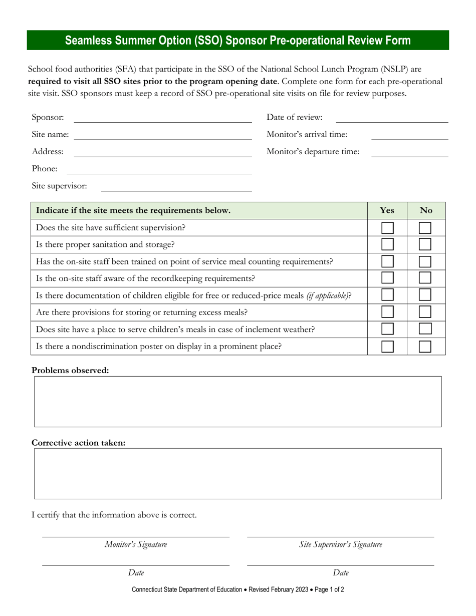 Seamless Summer Option (Sso) Sponsor Pre-operational Review Form - Connecticut, Page 1