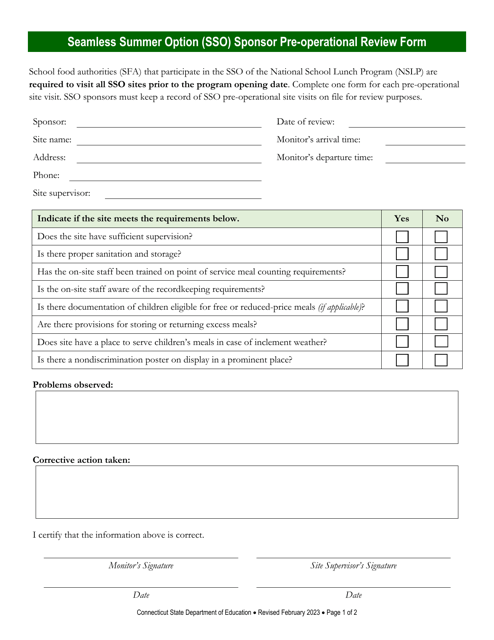 Seamless Summer Option (Sso) Sponsor Pre-operational Review Form - Connecticut Download Pdf