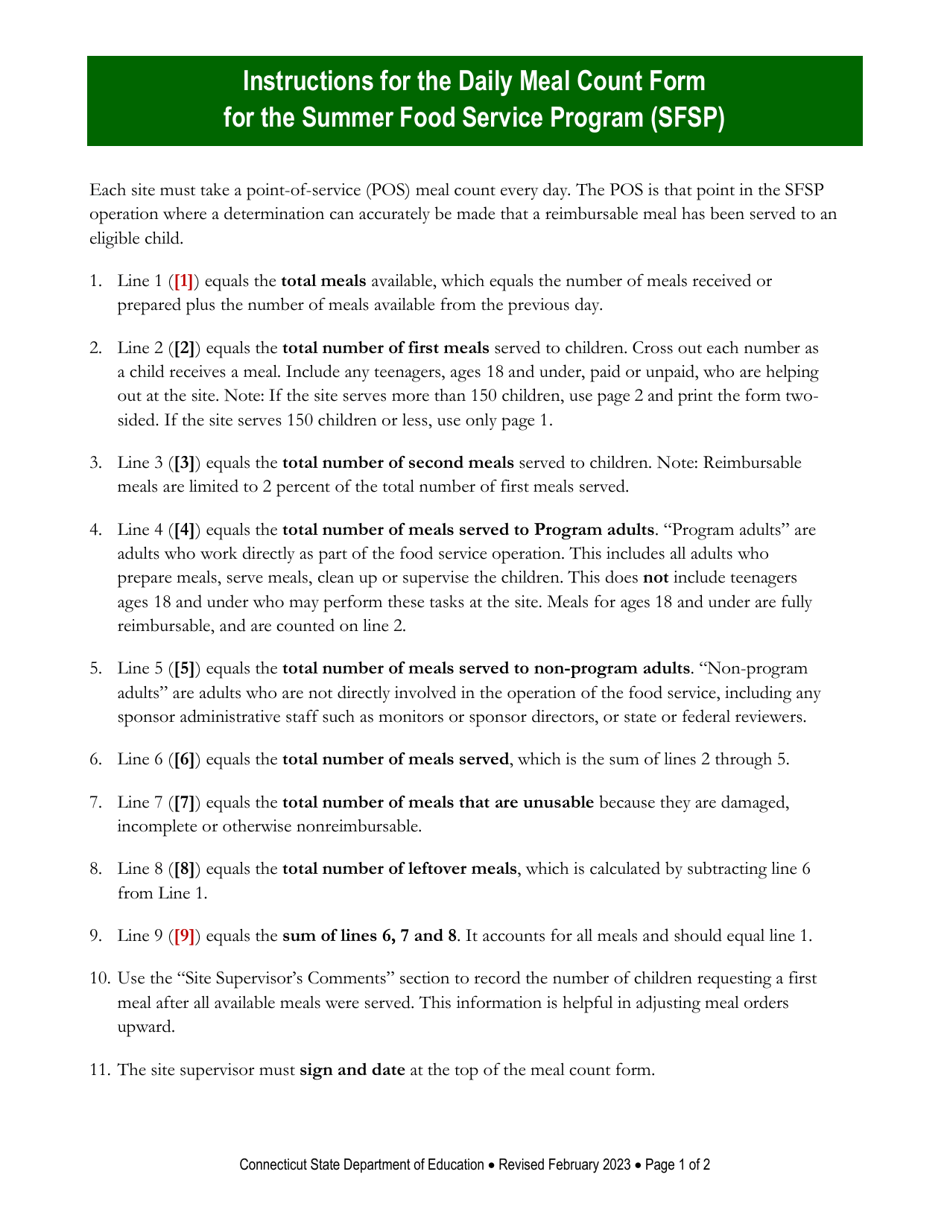 Daily Meal Count Form for the Summer Food Service Program (Sfsp) - Connecticut, Page 3