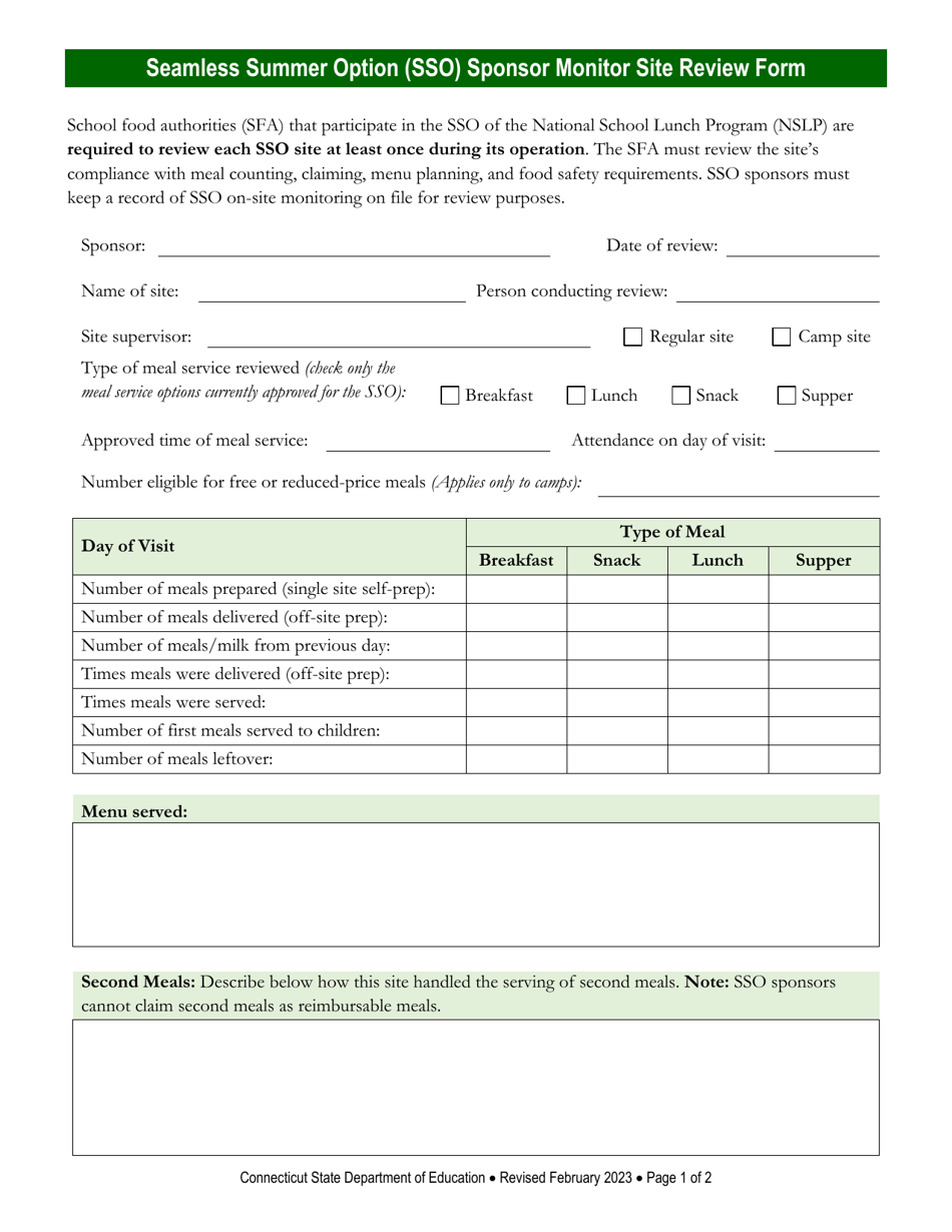 Seamless Summer Option (Sso) Sponsor Monitor Site Review Form - Connecticut, Page 1