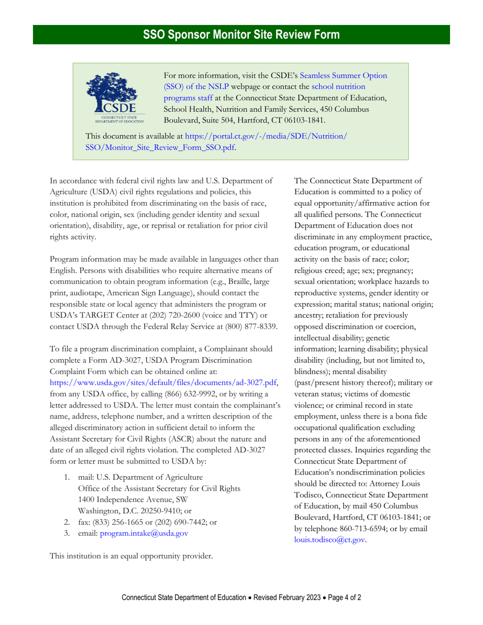 Seamless Summer Option (Sso) Sponsor Monitor Site Review Form - Connecticut, Page 4