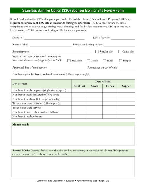 Seamless Summer Option (Sso) Sponsor Monitor Site Review Form - Connecticut Download Pdf