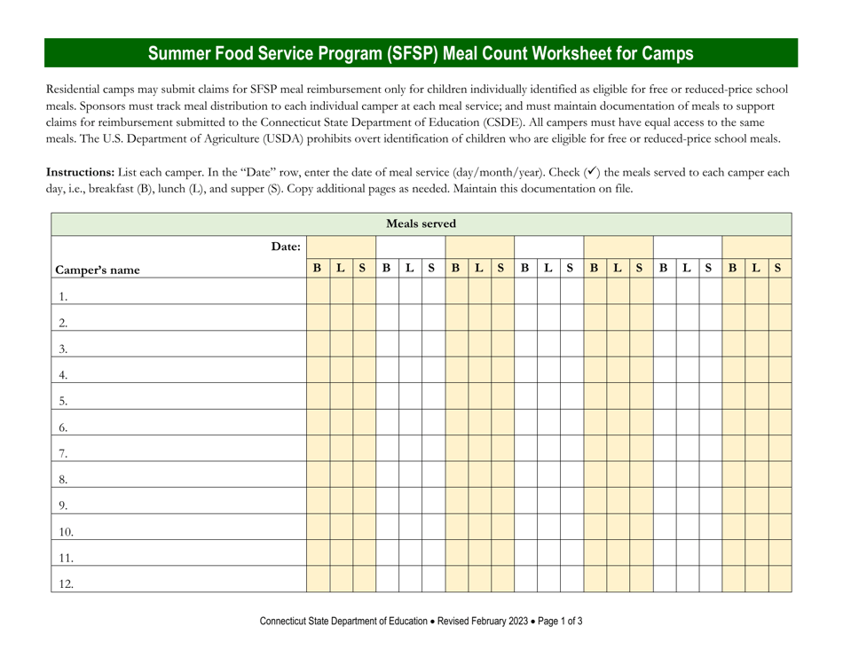 Summer Food Service Program (Sfsp) Meal Count Worksheet for Camps - Connecticut, Page 1