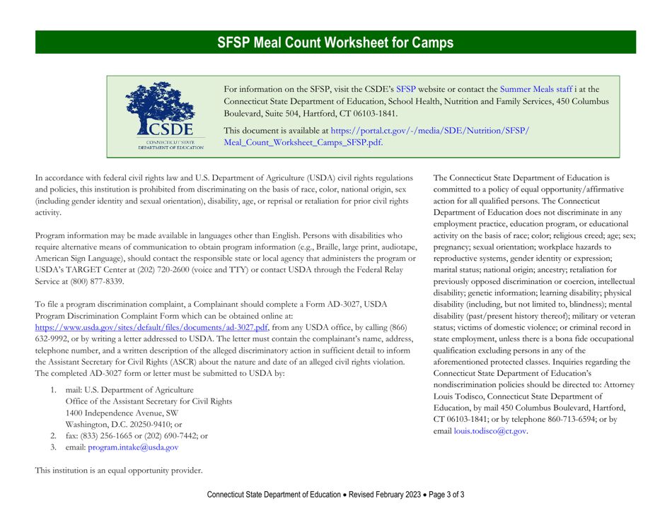 Summer Food Service Program (Sfsp) Meal Count Worksheet for Camps - Connecticut, Page 3