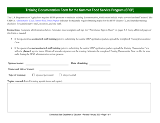 Training Documentation Form for the Summer Food Service Program (Sfsp) - Connecticut