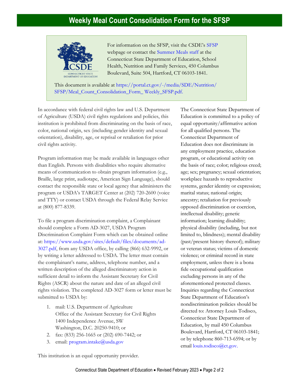 Weekly Meal Count Consolidation Form for the Summer Food Service Program (Sfsp) - Connecticut, Page 2