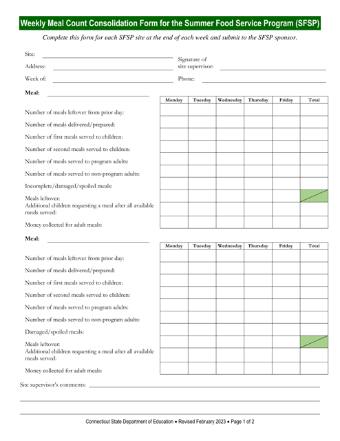 Weekly Meal Count Consolidation Form for the Summer Food Service Program (Sfsp) - Connecticut Download Pdf