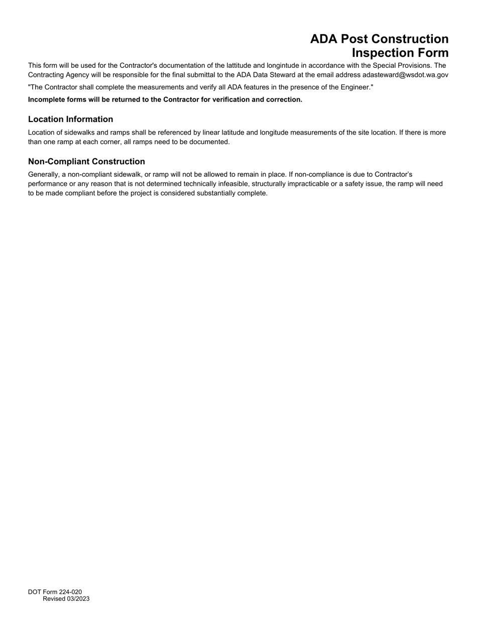 DOT Form 224-020 Ada Inspection Form - Washington, Page 1