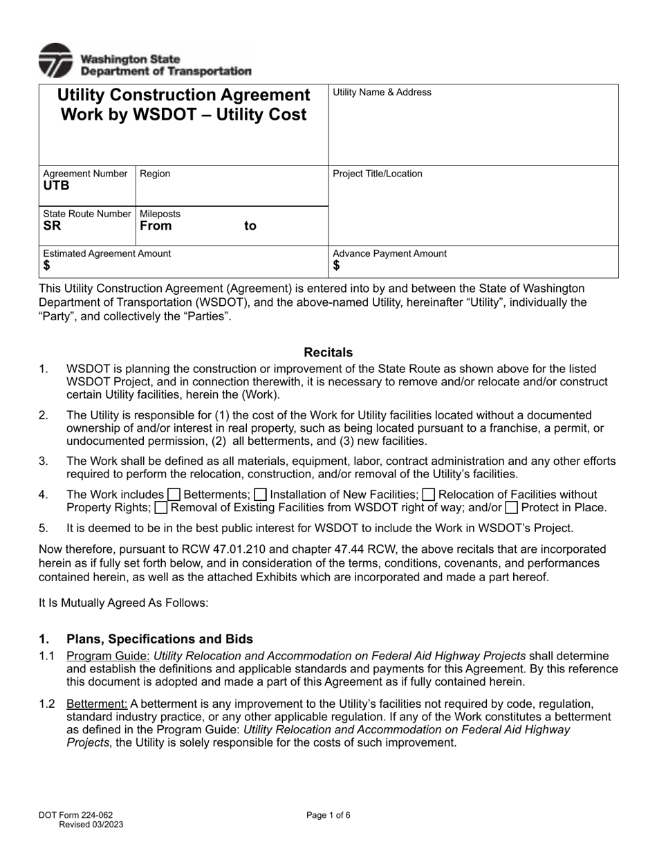 DOT Form 224-062 Utility Construction Agreement - Work by Wsdot - Utility Cost - Washington, Page 1