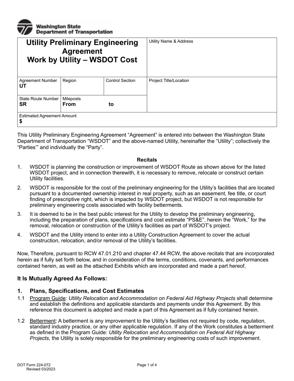 DOT Form 224-072 Utility Preliminary Engineering Agreement - Work by Utility - Wsdot Cost - Washington, Page 1