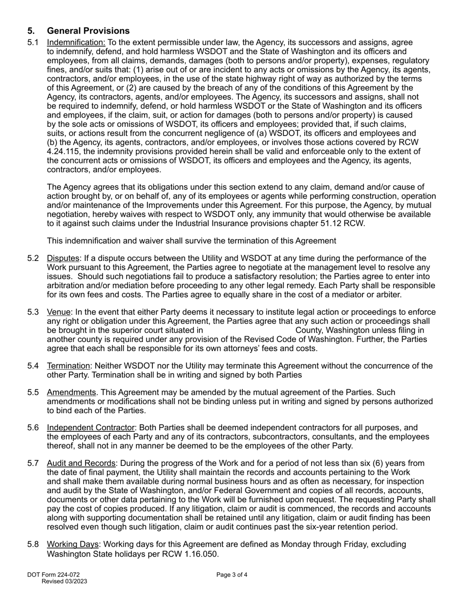 DOT Form 224-072 Utility Preliminary Engineering Agreement - Work by Utility - Wsdot Cost - Washington, Page 3