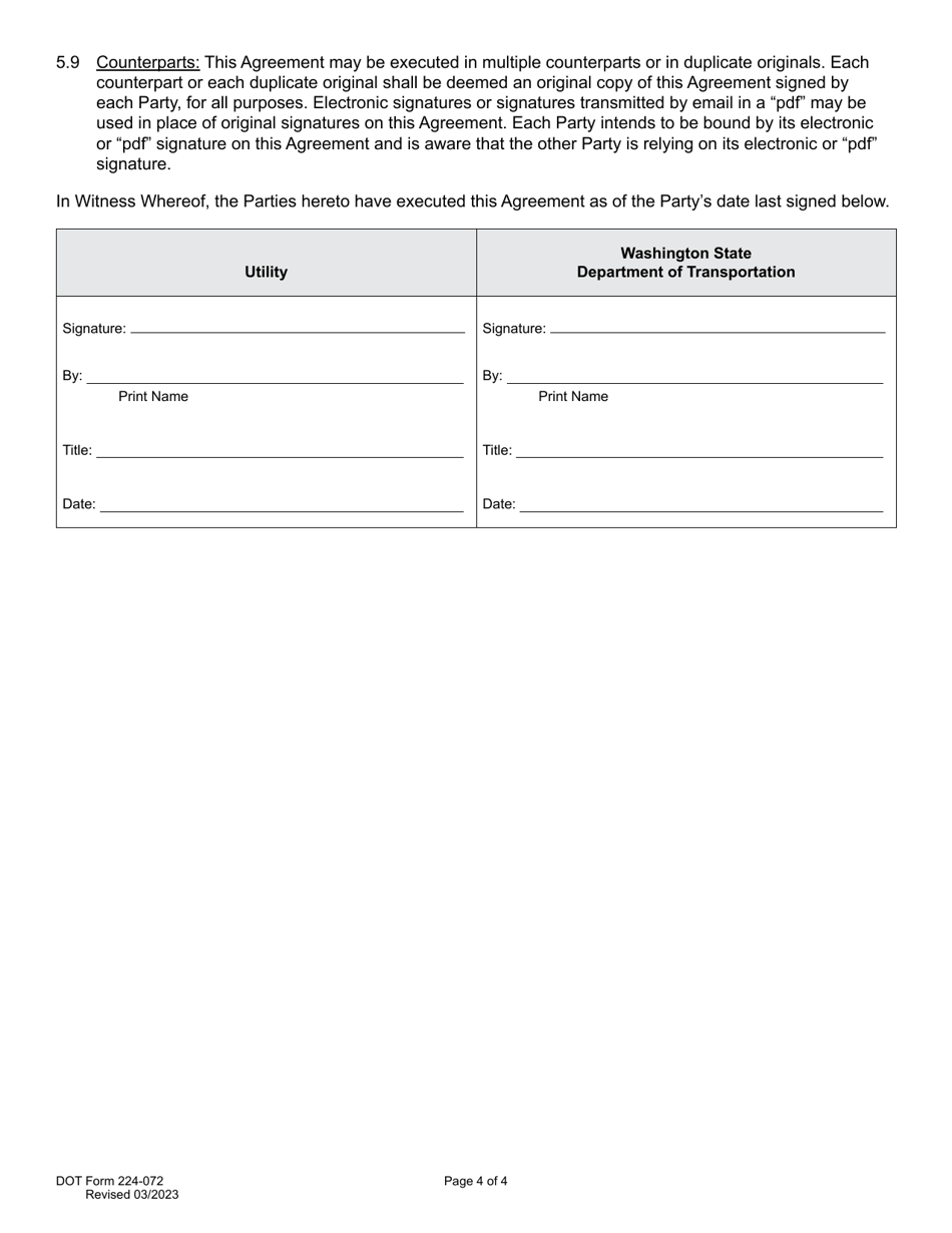 DOT Form 224-072 Utility Preliminary Engineering Agreement - Work by Utility - Wsdot Cost - Washington, Page 4
