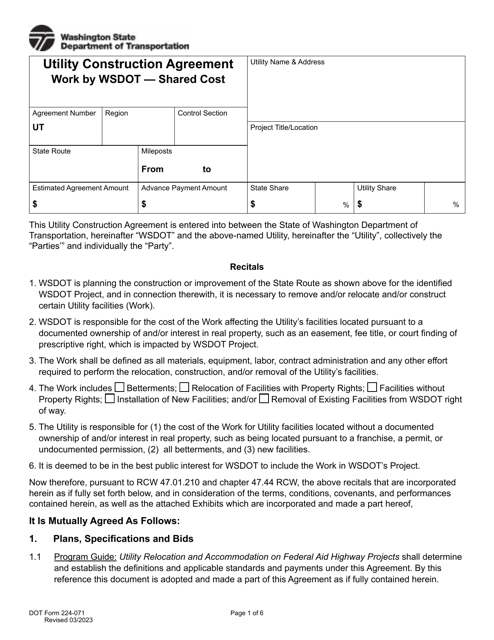 DOT Form 224-071 Utility Construction Agreement - Work by Wsdot - Shared Cost - Washington