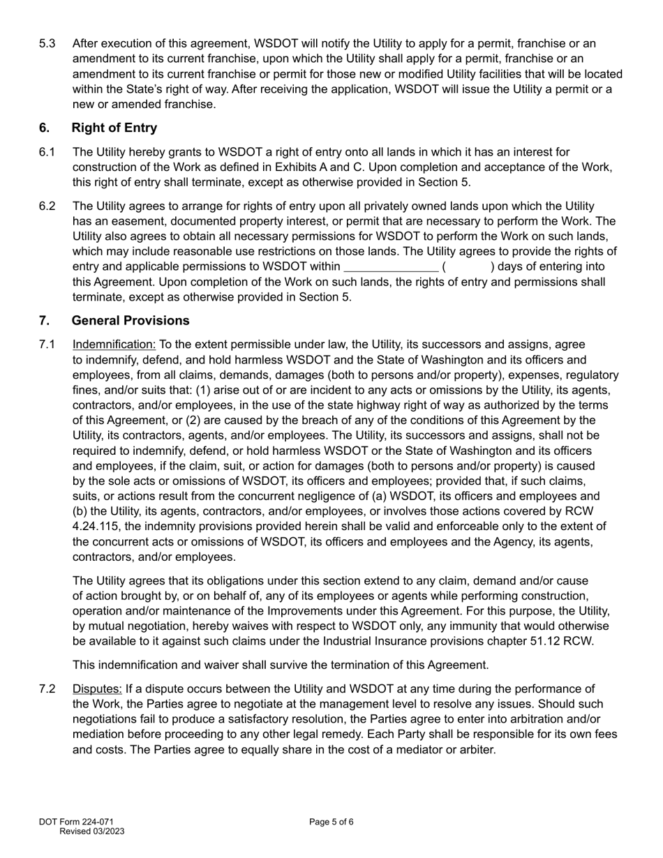 DOT Form 224-071 Utility Construction Agreement - Work by Wsdot - Shared Cost - Washington, Page 5