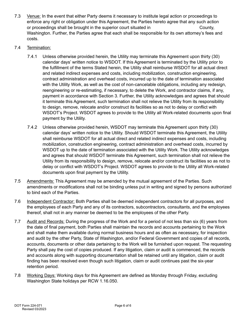 DOT Form 224-071 Utility Construction Agreement - Work by Wsdot - Shared Cost - Washington, Page 6