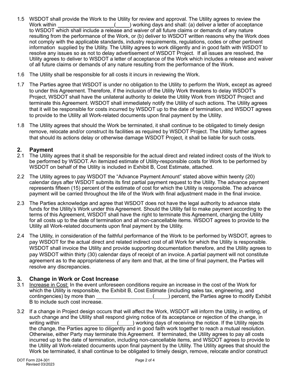 DOT Form 224-301 Utility Preliminary Engineering Agreement - Work by Wsdot - Utility Cost - Washington, Page 2