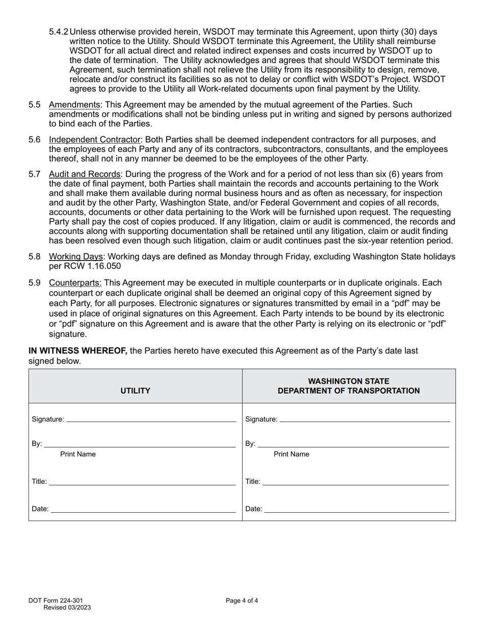 DOT Form 224-301 Utility Preliminary Engineering Agreement - Work by Wsdot - Utility Cost - Washington, Page 4