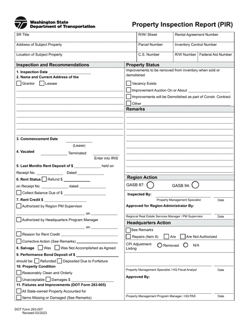 DOT Form 263-007 Property Inspection Report (Pir) - Washington