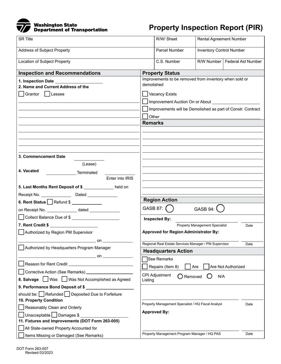 DOT Form 263-007 Property Inspection Report (Pir) - Washington, Page 1