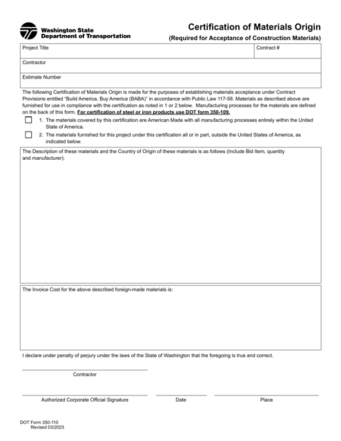 DOT Form 350-110  Printable Pdf