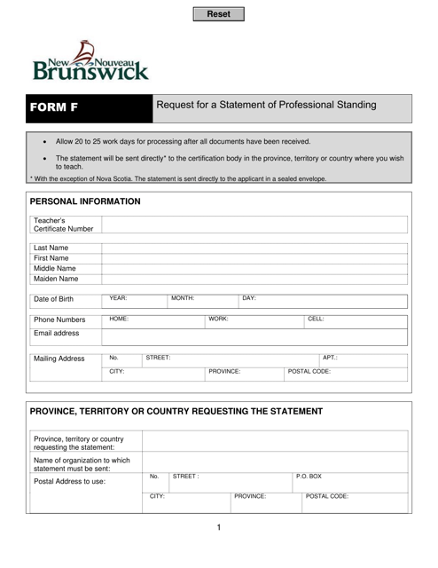 Form F Request for a Statement of Professional Standing - New Brunswick, Canada