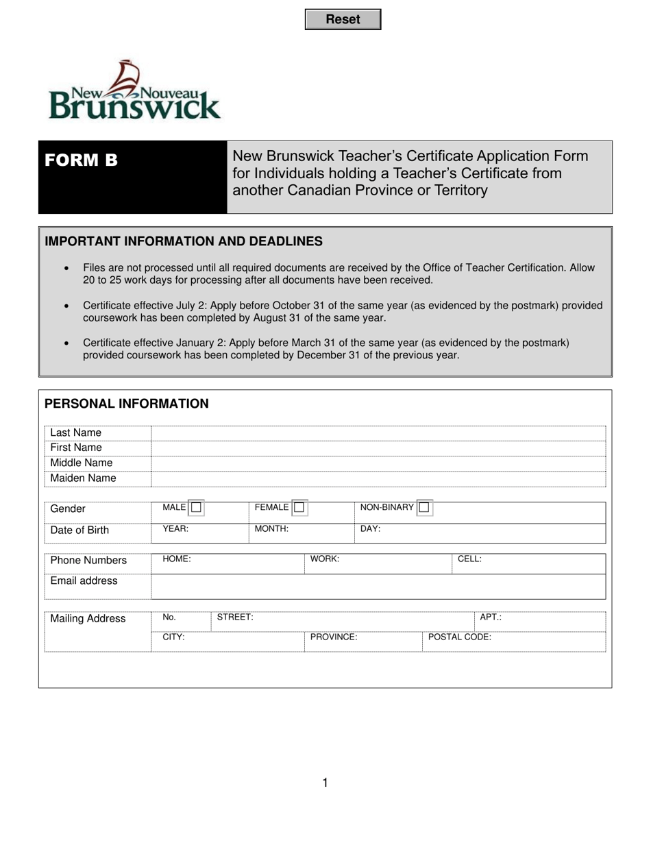 Form B New Brunswick Teachers Certificate Application Form for Individuals Holding a Teachers Certificate From Another Canadian Province or Territory - New Brunswick, Canada, Page 1
