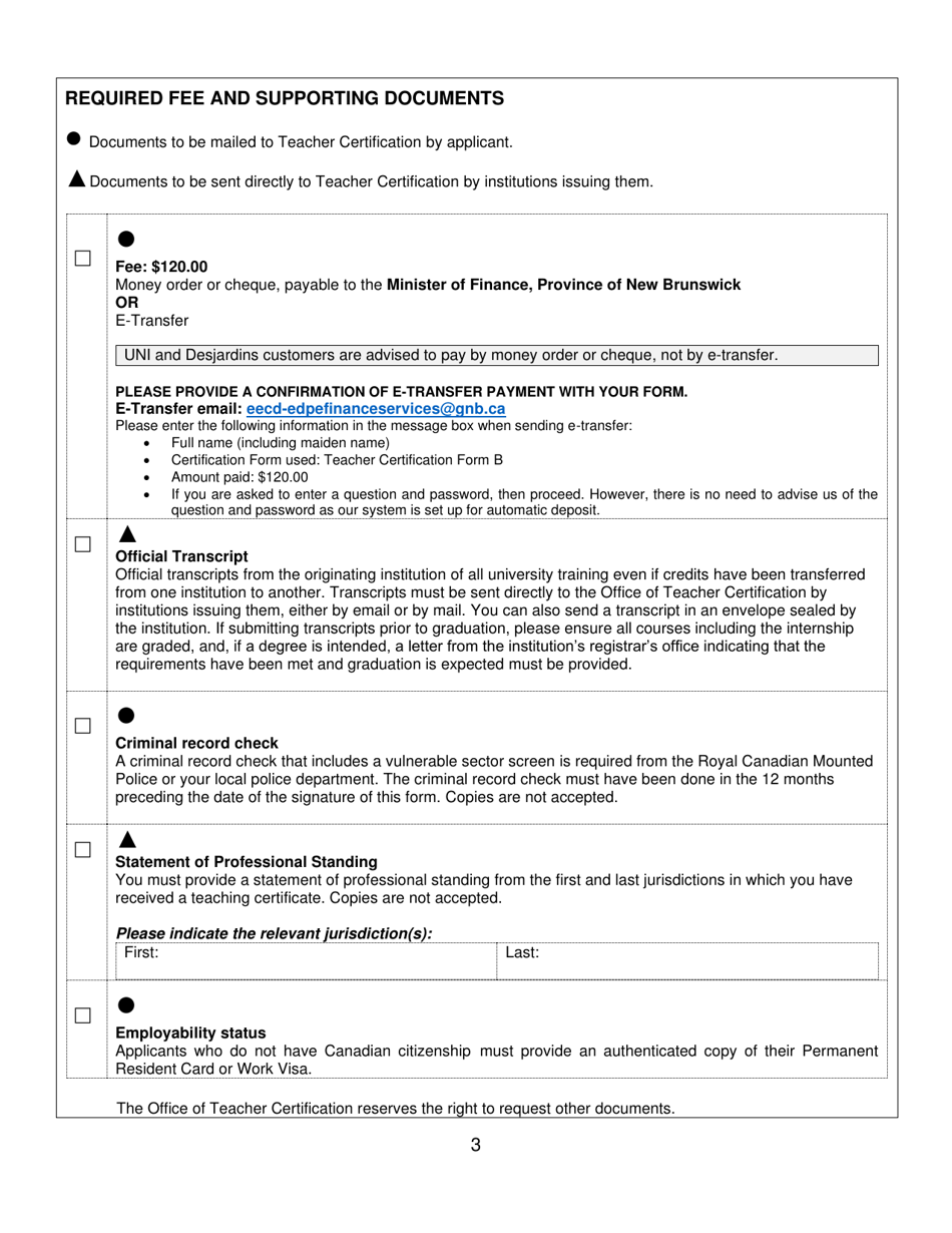 Form B New Brunswick Teachers Certificate Application Form for Individuals Holding a Teachers Certificate From Another Canadian Province or Territory - New Brunswick, Canada, Page 3