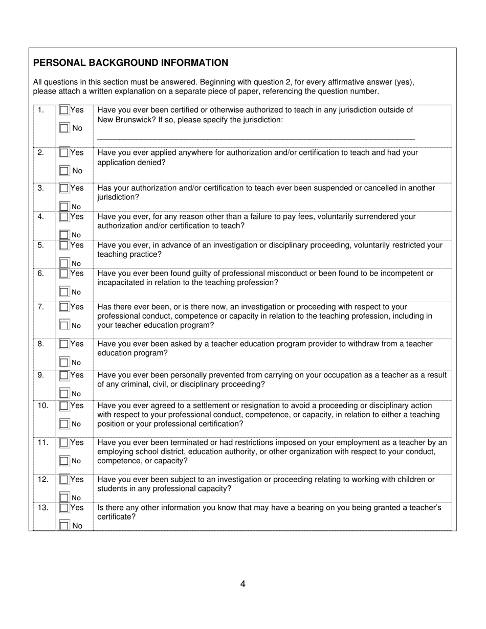 Form B New Brunswick Teachers Certificate Application Form for Individuals Holding a Teachers Certificate From Another Canadian Province or Territory - New Brunswick, Canada, Page 4