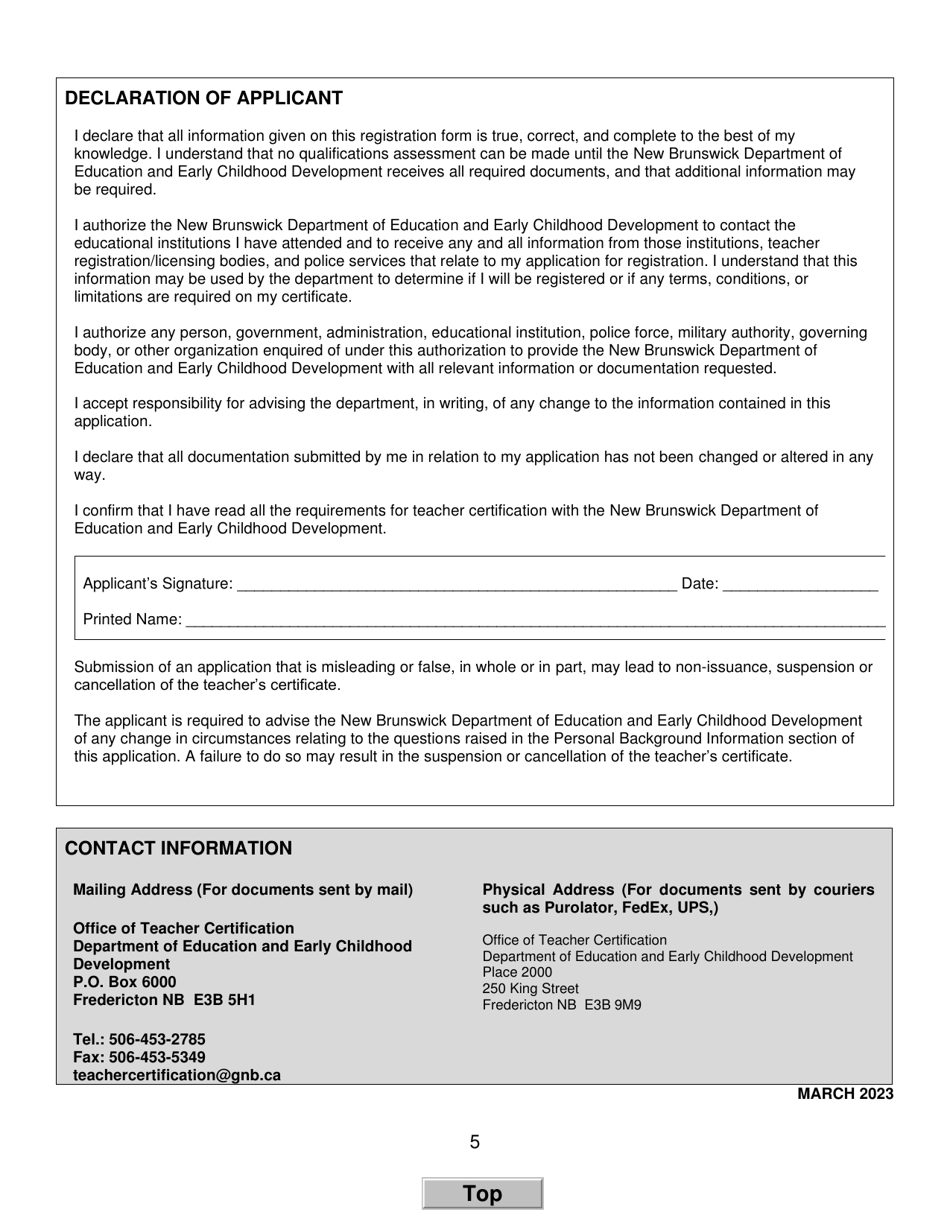 Form B New Brunswick Teachers Certificate Application Form for Individuals Holding a Teachers Certificate From Another Canadian Province or Territory - New Brunswick, Canada, Page 5