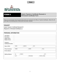 Document preview: Form E Interim Teacher's Certificate Renewal or Permanent Certificate Form - New Brunswick, Canada