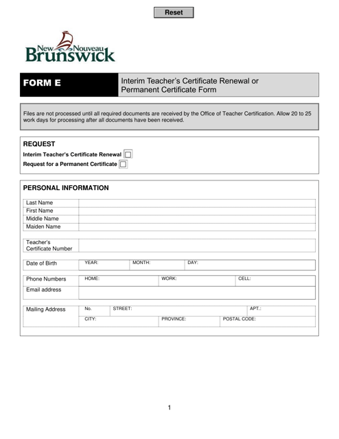 Form E Interim Teacher's Certificate Renewal or Permanent Certificate Form - New Brunswick, Canada