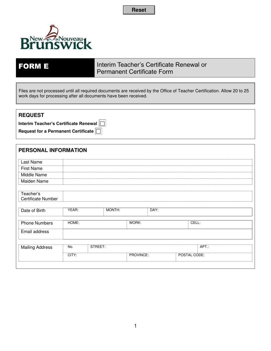 Form E Interim Teachers Certificate Renewal or Permanent Certificate Form - New Brunswick, Canada, Page 1
