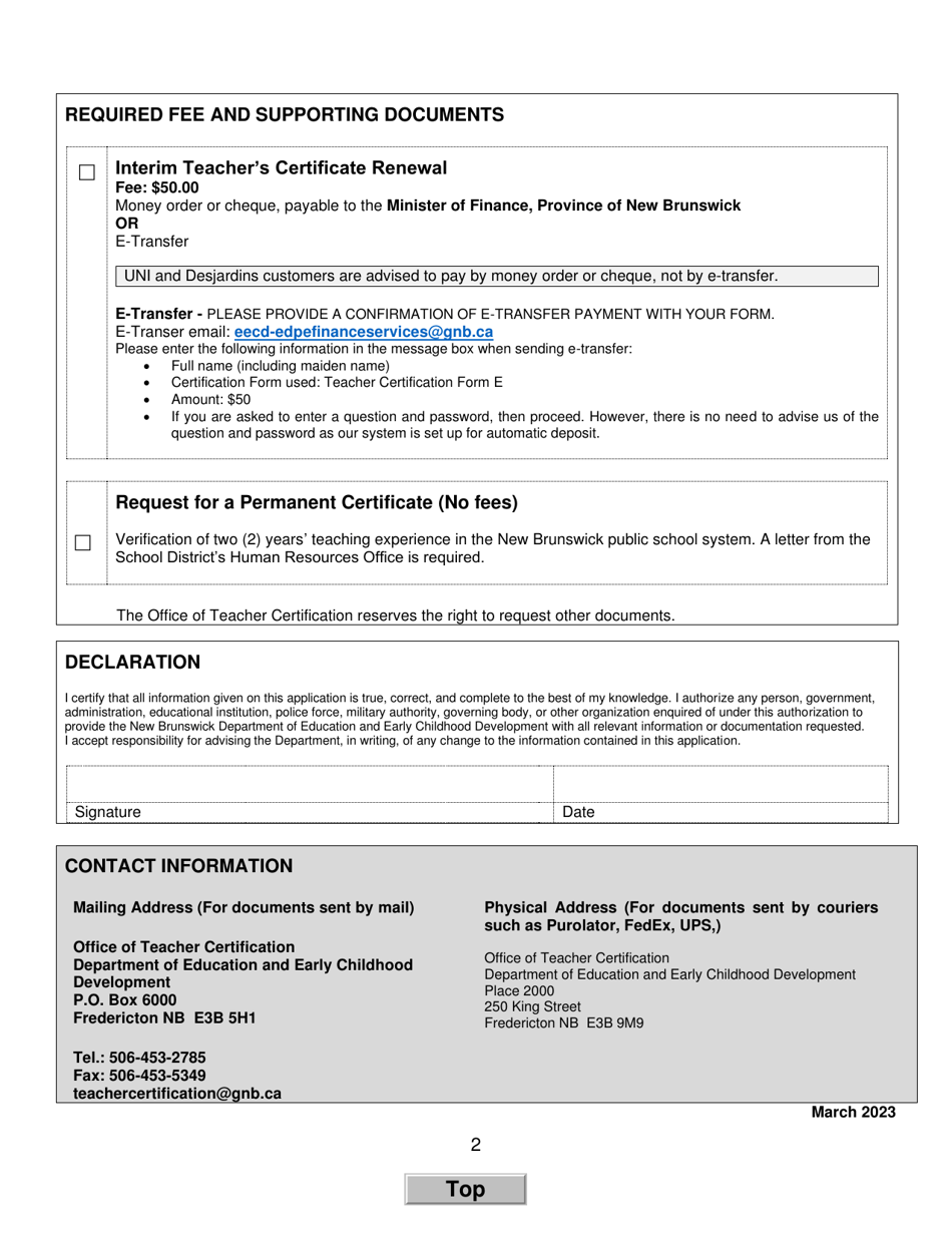 Form E Interim Teachers Certificate Renewal or Permanent Certificate Form - New Brunswick, Canada, Page 2
