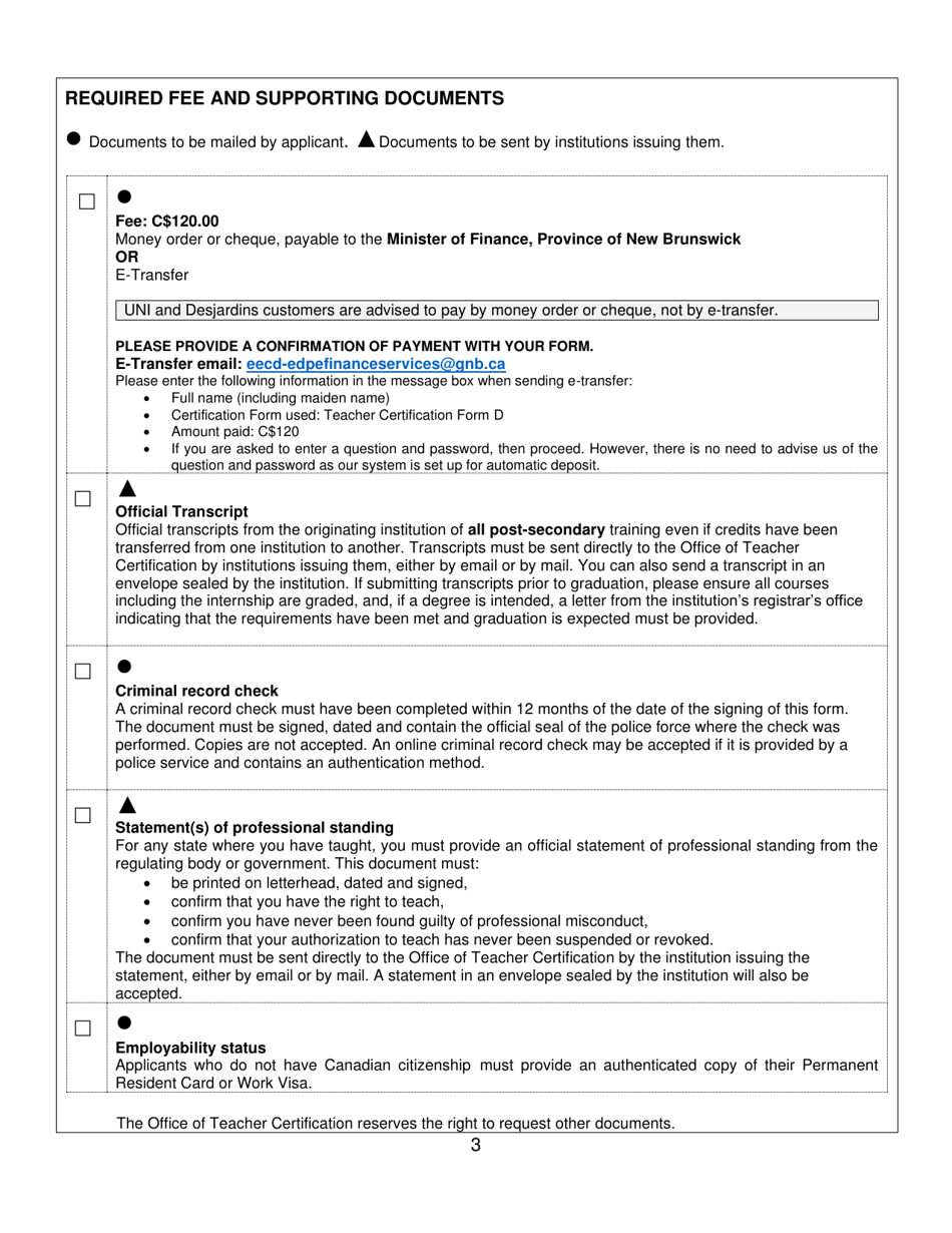 Form D Interim Teachers Certificate Application Form for Teachers Trained in the United States - New Brunswick, Canada, Page 3