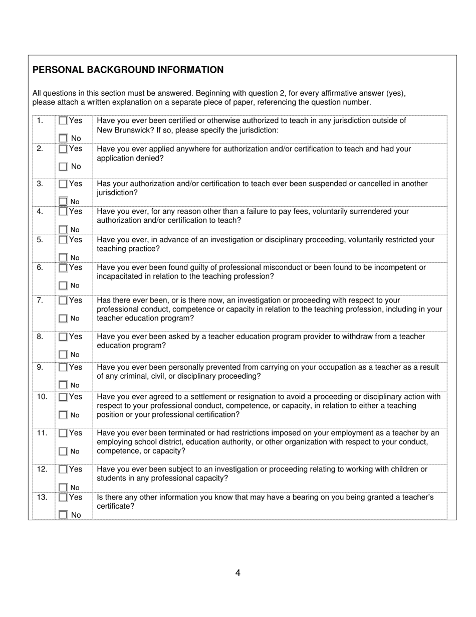 Form D Interim Teachers Certificate Application Form for Teachers Trained in the United States - New Brunswick, Canada, Page 4