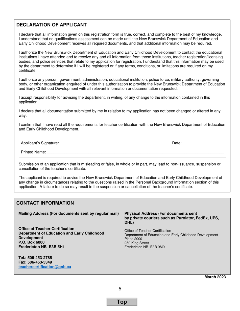 Form D Interim Teachers Certificate Application Form for Teachers Trained in the United States - New Brunswick, Canada, Page 5