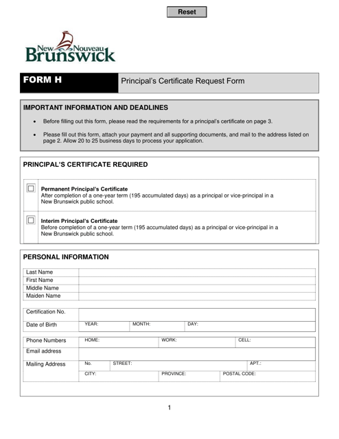 Form H Principal's Certificate Request Form - New Brunswick, Canada