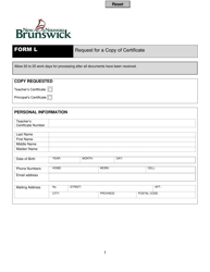 Document preview: Form L Request for a Copy of Certificate - New Brunswick, Canada