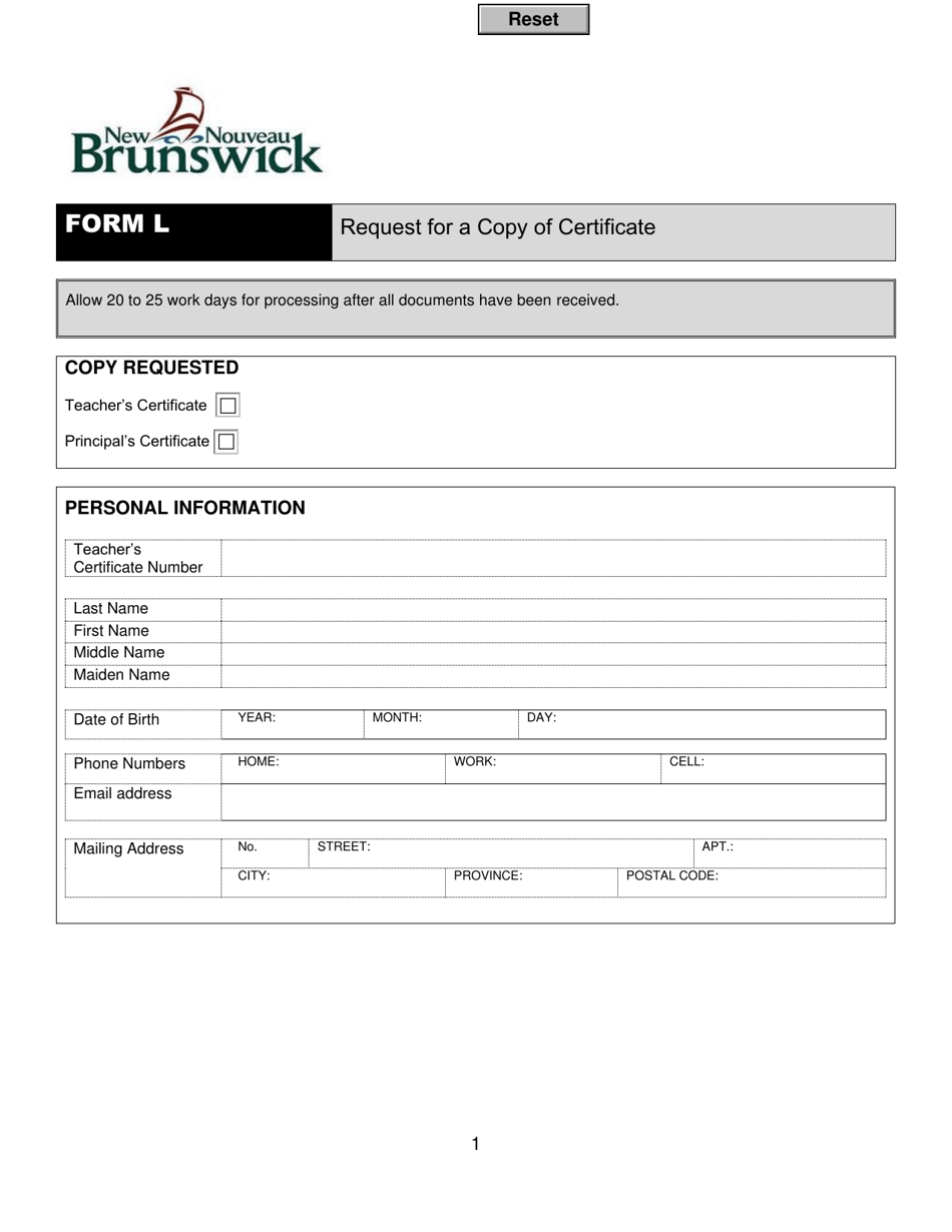 Form L Request for a Copy of Certificate - New Brunswick, Canada, Page 1