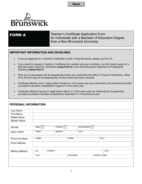 Form C Teacher's Certificate Application Form for Individuals With a Bachelor of Education Degree From a New Brunswick University - New Brunswick, Canada