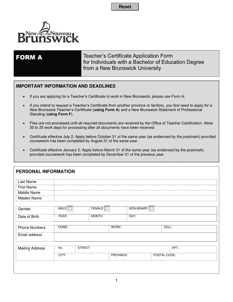 Form C Teachers Certificate Application Form for Individuals With a Bachelor of Education Degree From a New Brunswick University - New Brunswick, Canada, Page 1