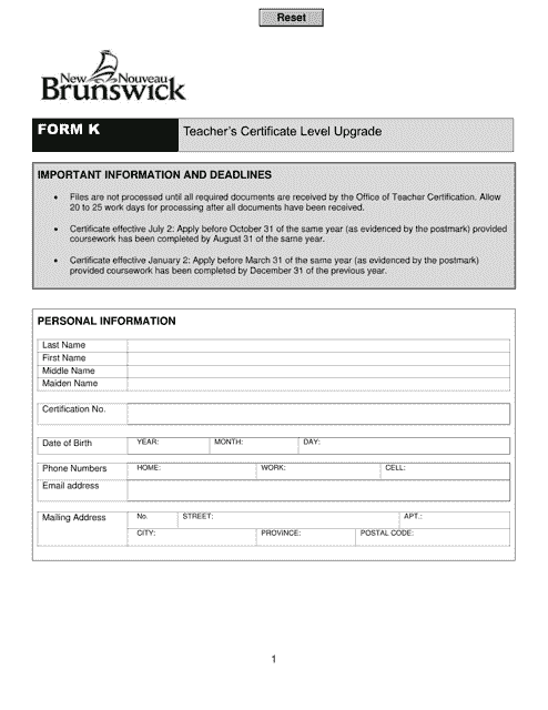 Form K Teacher's Certificate Level Upgrade - New Brunswick, Canada