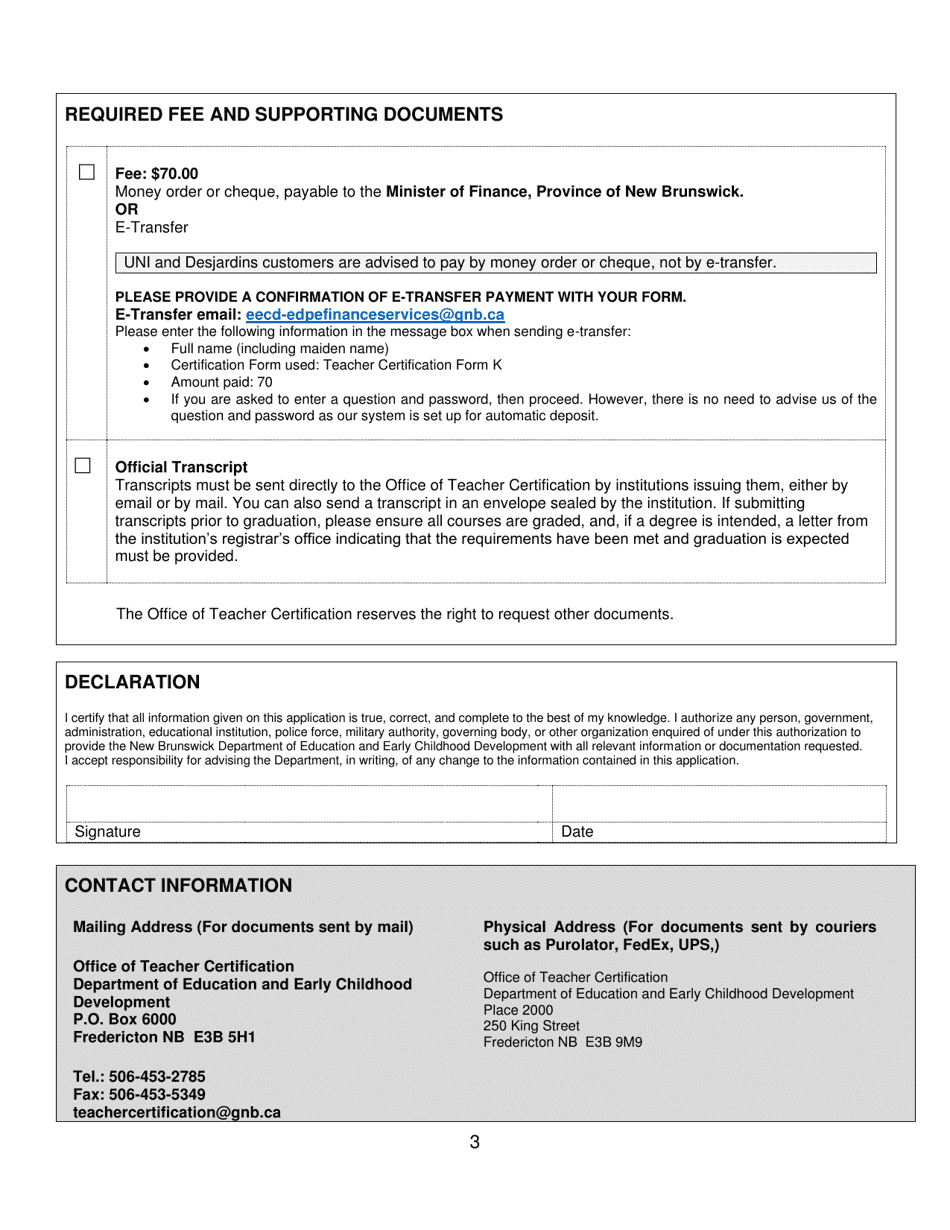 Form K Teachers Certificate Level Upgrade - New Brunswick, Canada, Page 3