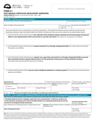 Document preview: Form 4.1 (HLTH3504.1) First Medical Certificate (Involuntary Admission) - British Columbia, Canada