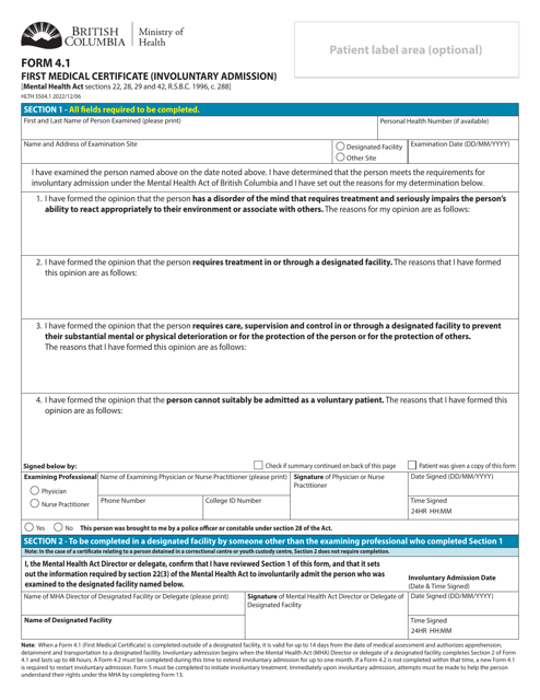 Form 4.1 (HLTH3504.1) First Medical Certificate (Involuntary Admission) - British Columbia, Canada