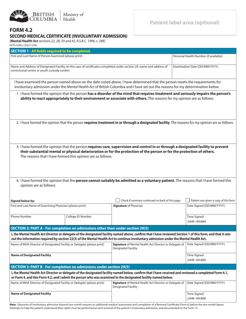 Form 4.2 (HLTH3504.2) Second Medical Certificate (Involuntary Admission) - British Columbia, Canada
