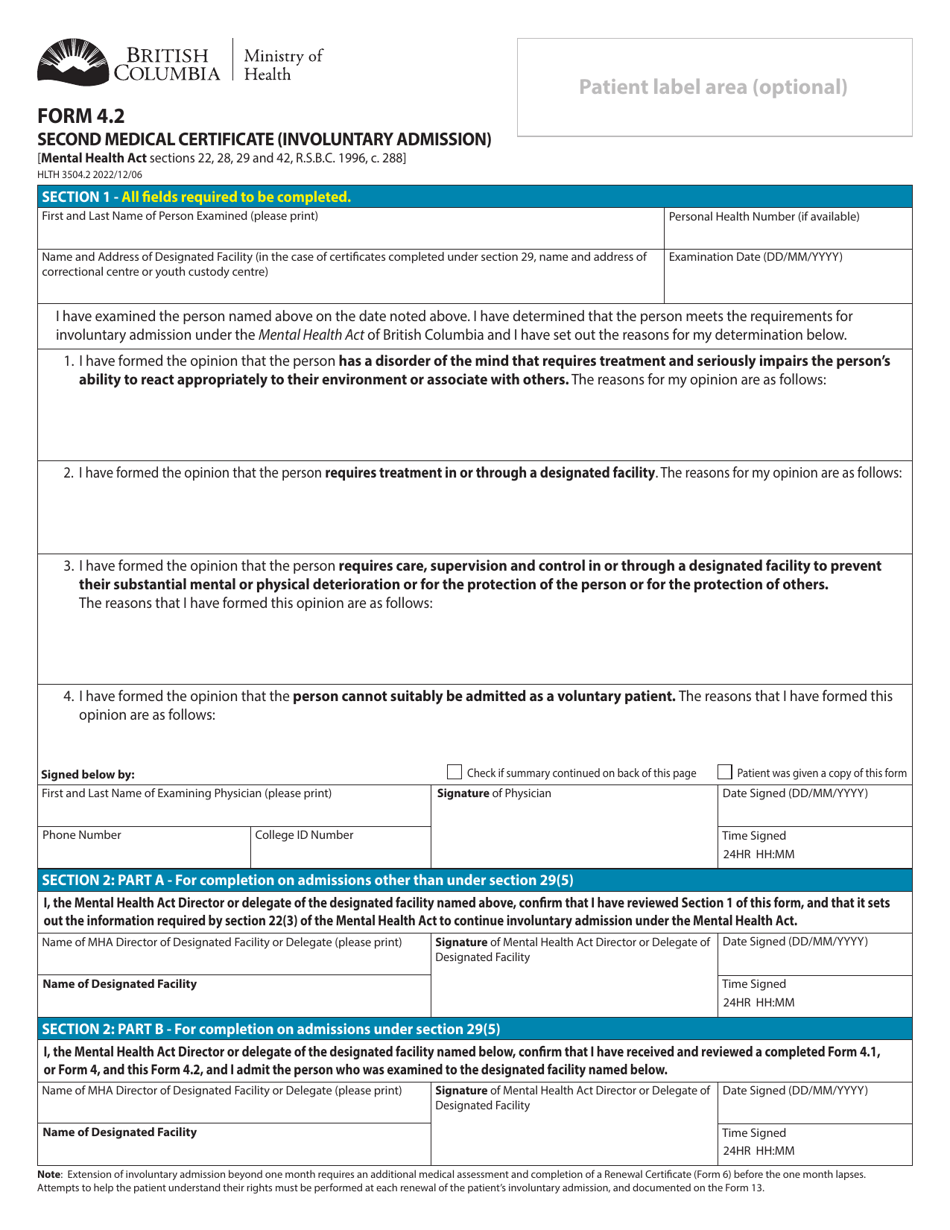 Form 4.2 (HLTH3504.2) Second Medical Certificate (Involuntary Admission) - British Columbia, Canada, Page 1